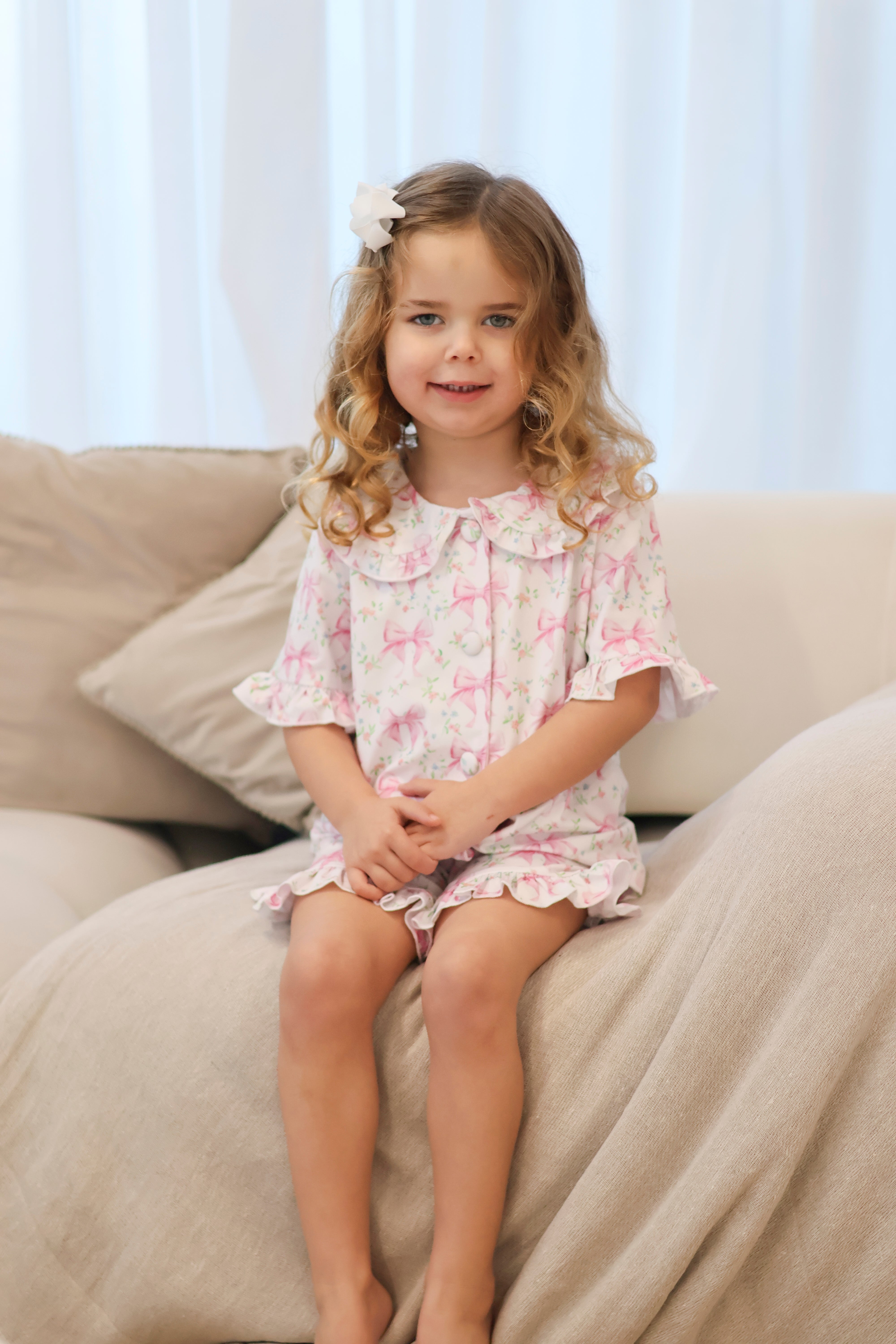 Floral Bow Short Sleeve Girls Frilly Pink Pyjamas