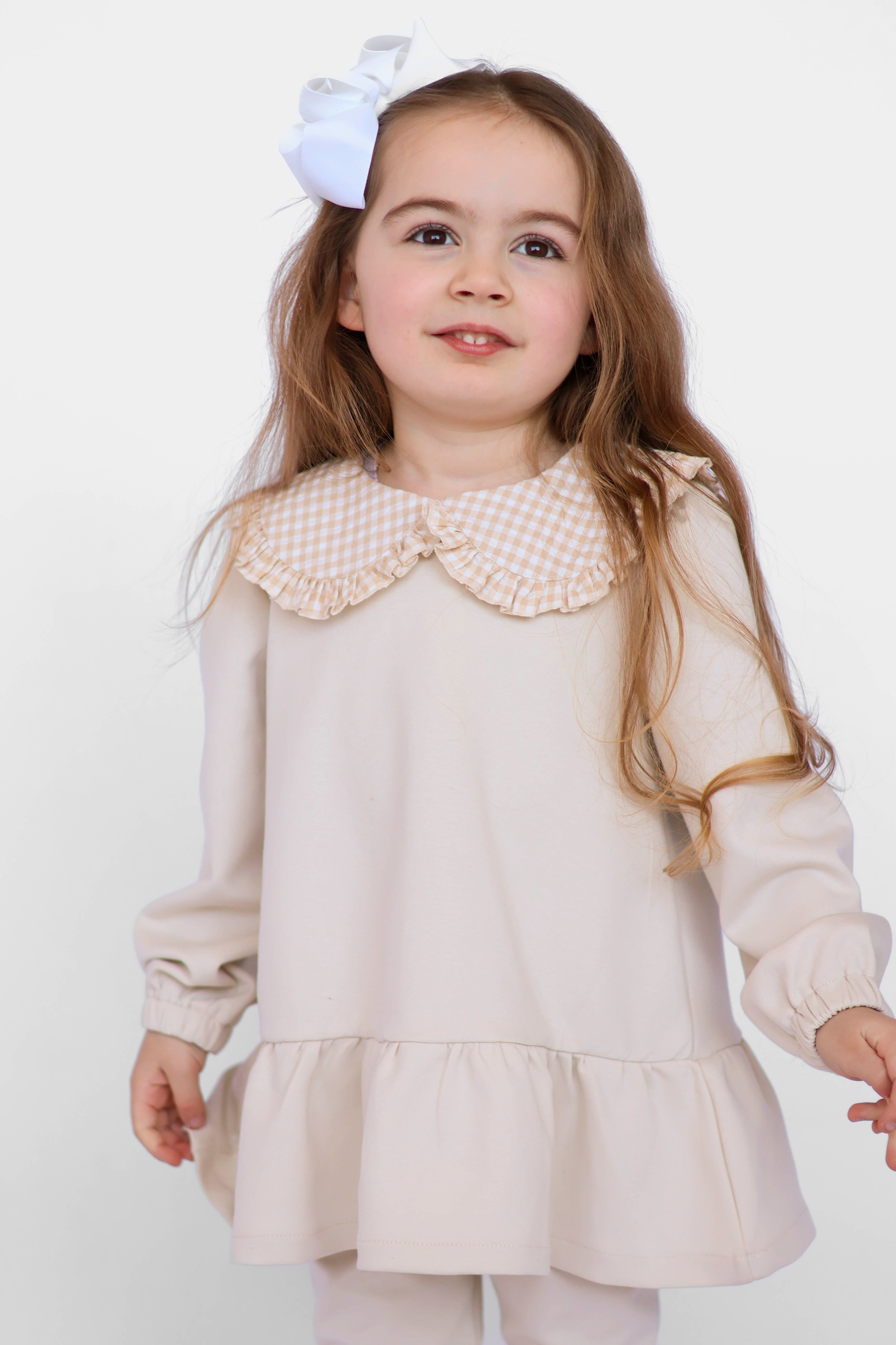 Posie Luxe Girls Check Collar Top & Legging Tracksuit Set Beige