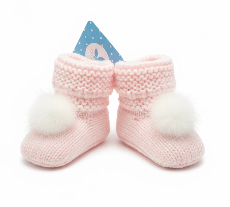 Baby Knitted Pink Pom Pom Booties