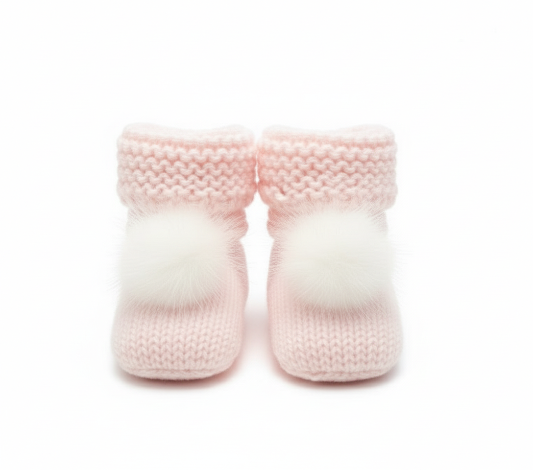 Baby Knitted Pink Pom Pom Booties
