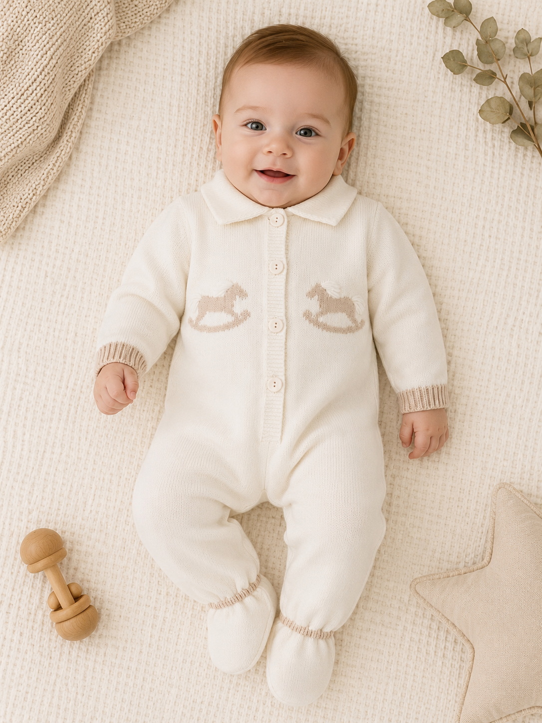 Baby Boys Knitted Rocking Horse Babygrow & Hat Ivory