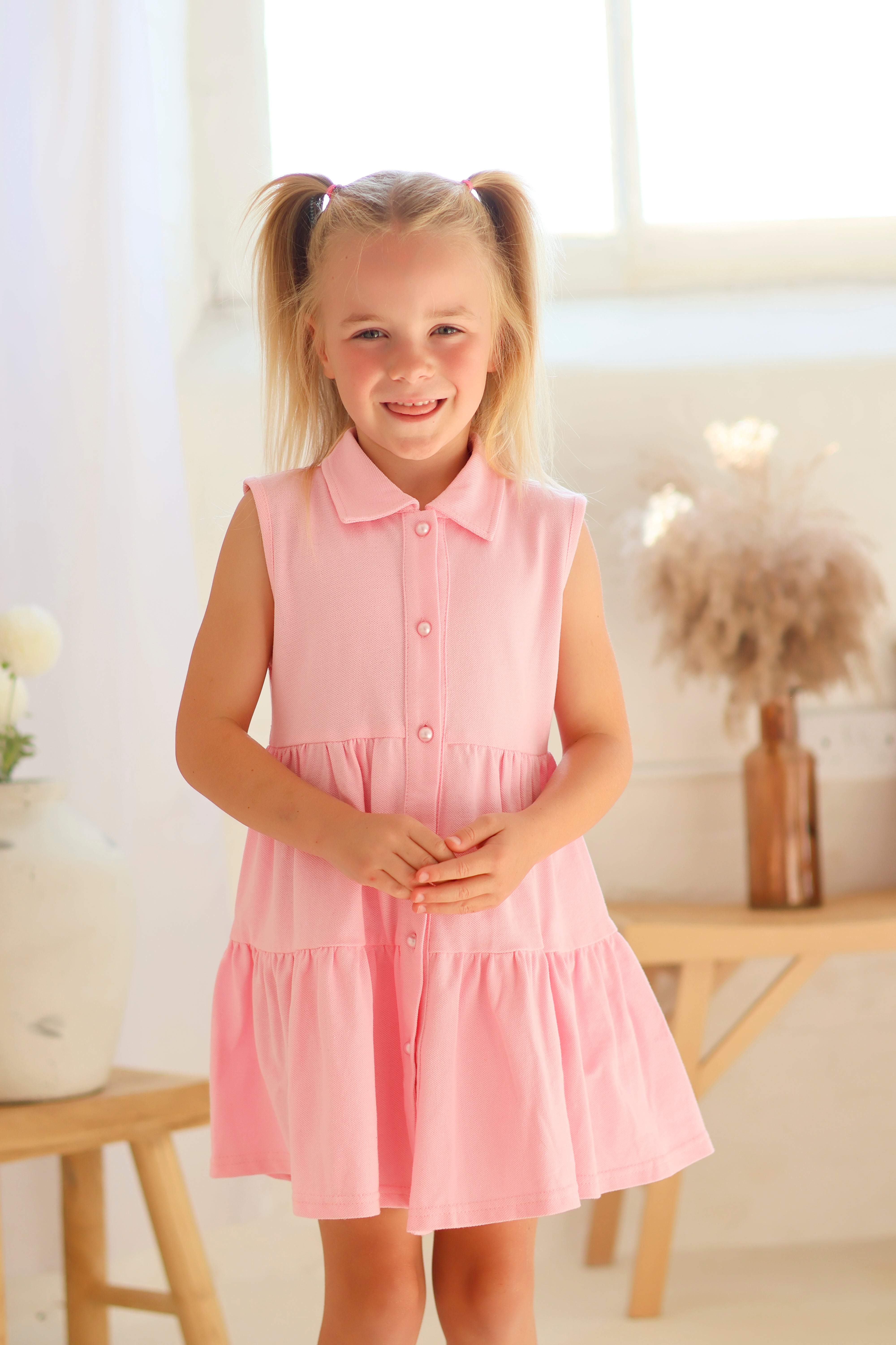 Maya Girls Pearl Button Polo Dress Pink
