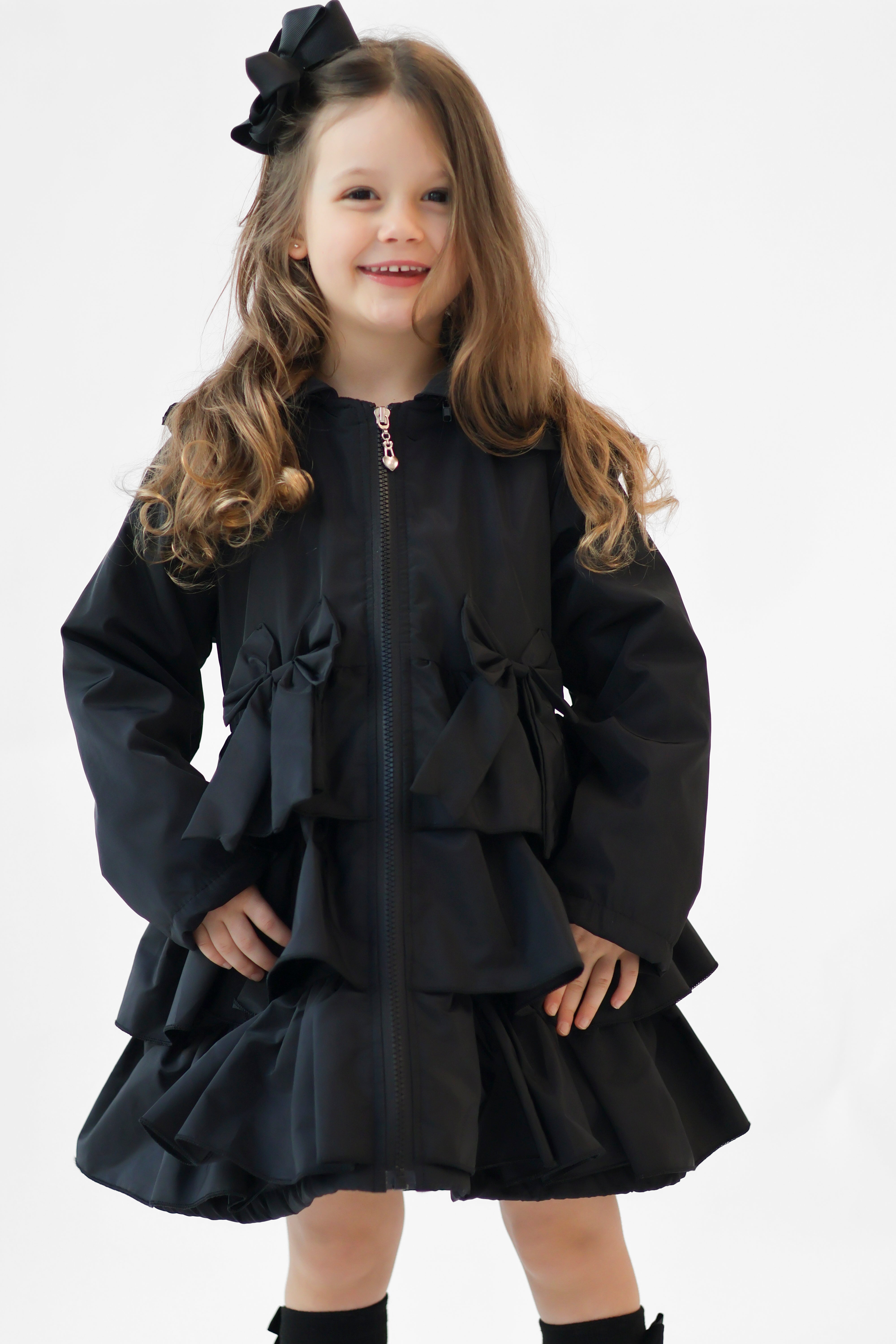 Martine Girls Frilly Bow Fleece Lined Rain Jacket Black