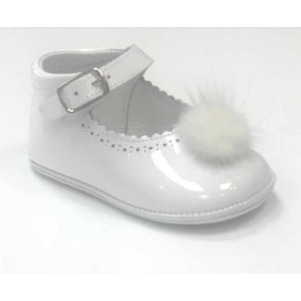 172009 White Patent Pompom Pram Shoe