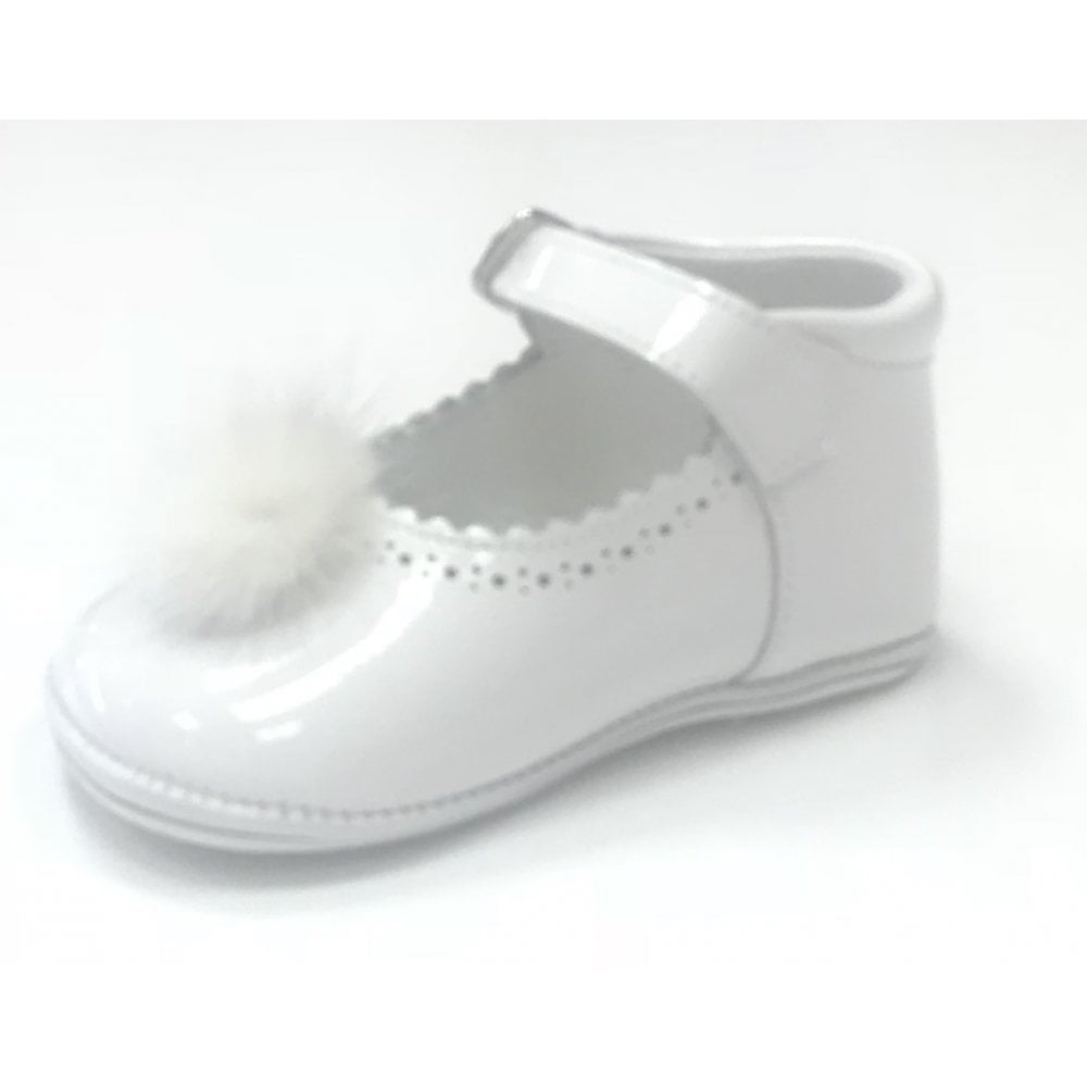 172009 White Patent Pompom Pram Shoe
