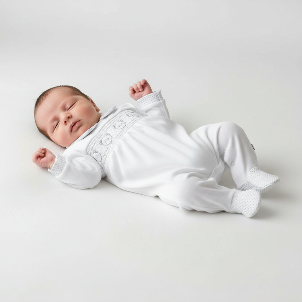 AV2506 Baby Bears White Smocked Baby Grow