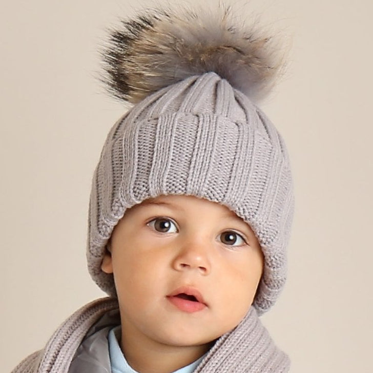 Kids Single Fur Pom Pom Hat Grey