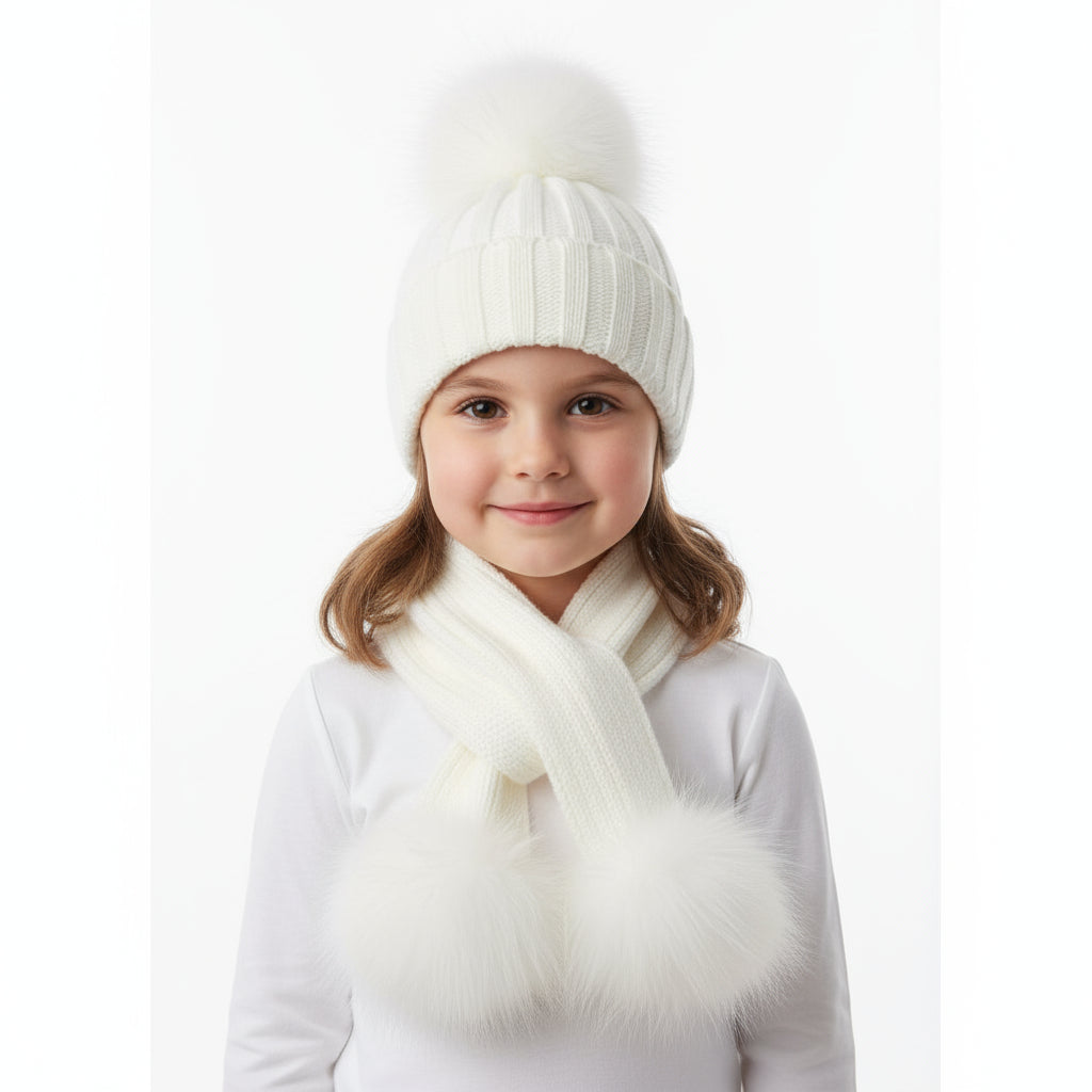 Kids Single Fur Pom Pom Hat & Scarf Set Cream