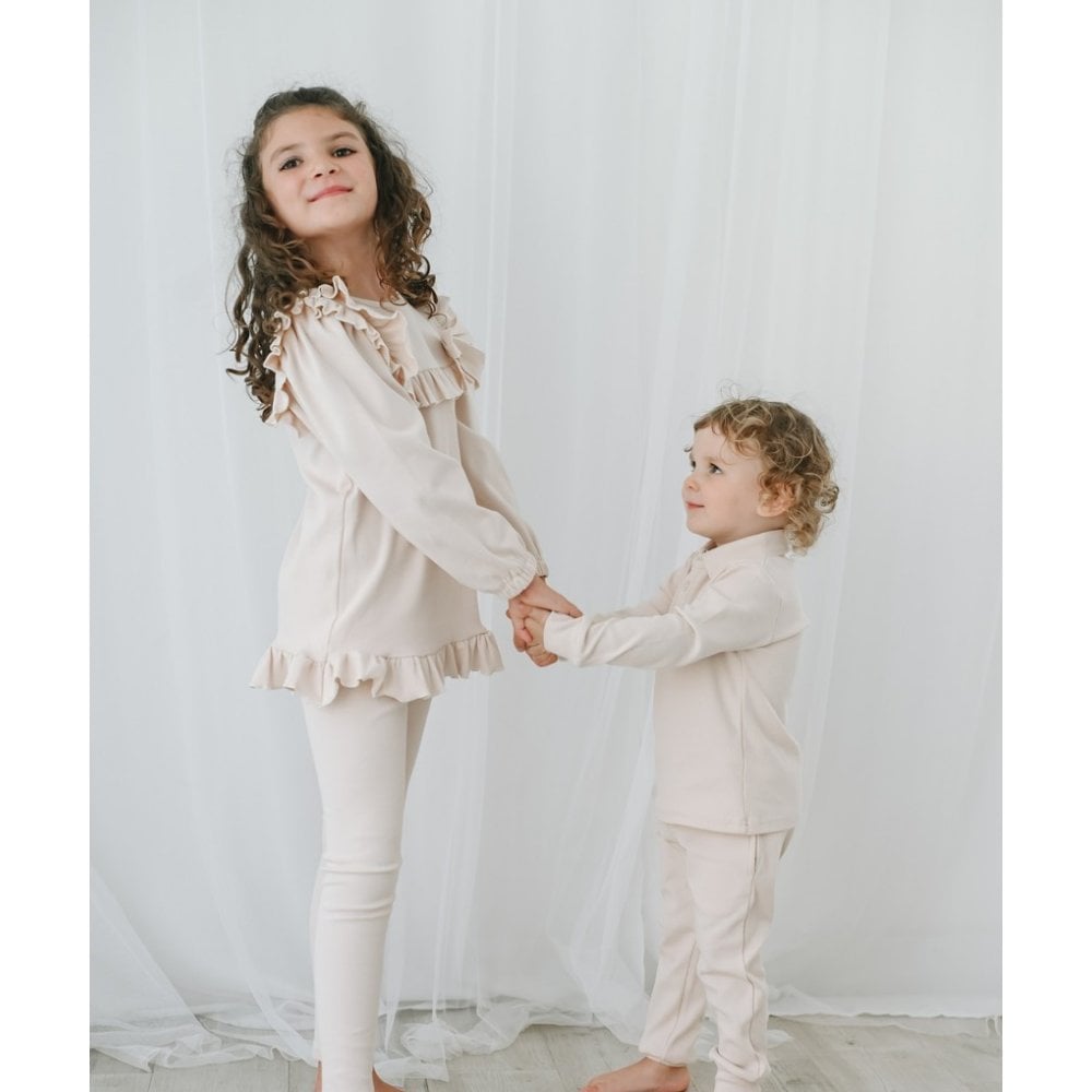 Luca Boys Plain Ribbed Beige Polo Tracksuit