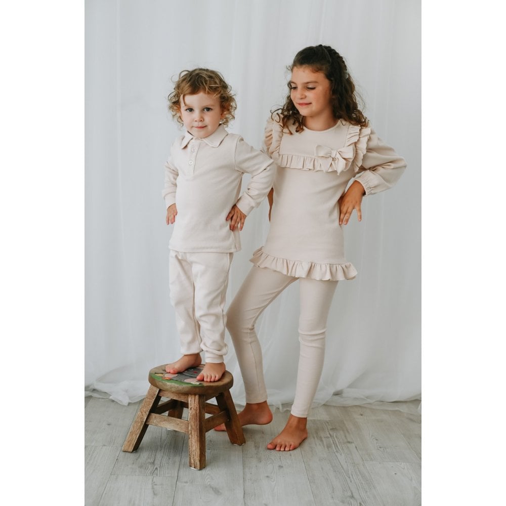 Luca Boys Plain Ribbed Beige Polo Tracksuit