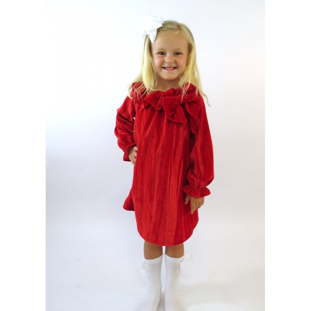 Girls Velour Red Bow Dress