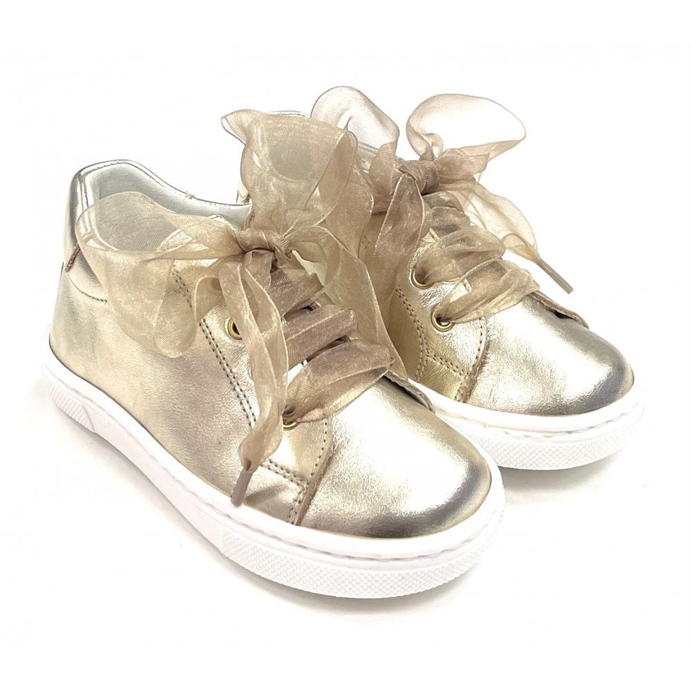 222297 Girls Ribbon Lace Up Leather Trainer Gold