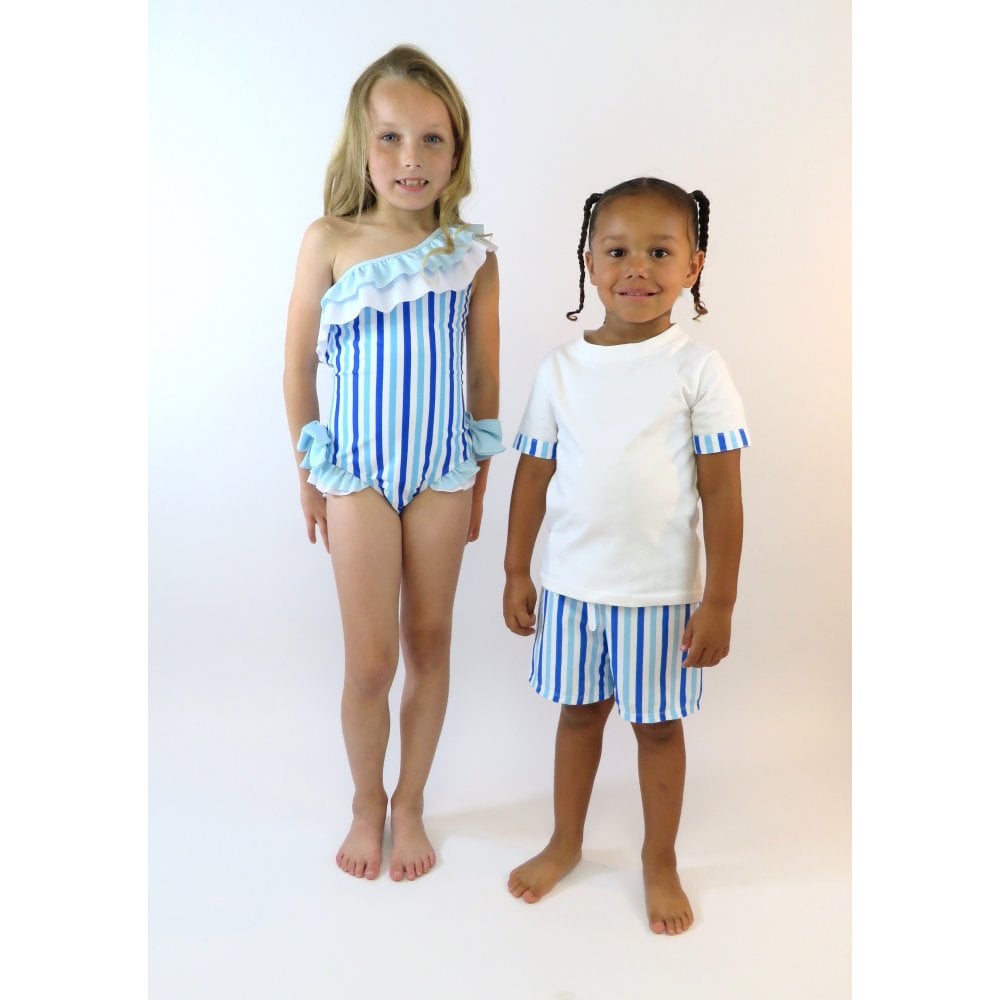 Mila Girls Frilly Bow Swimsuit Blue Stripe