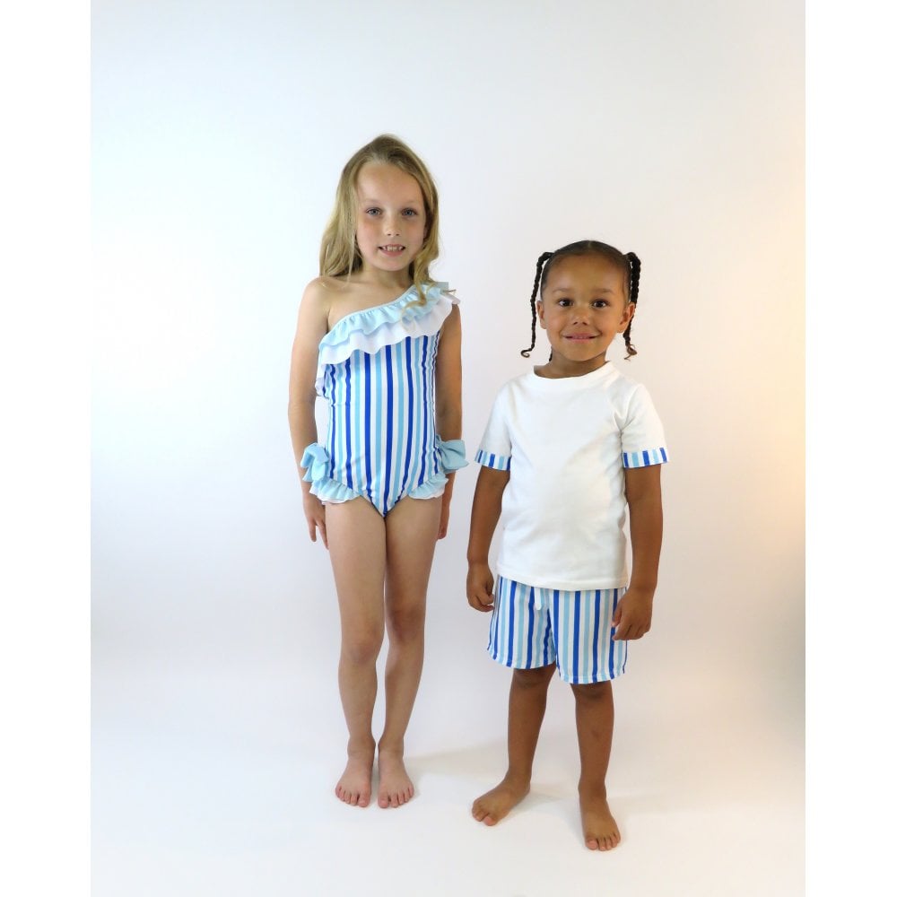 Mila Girls Frilly Bow Swimsuit Blue Stripe