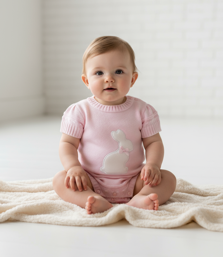 A4988 Baby Girls Pink Knitted Bunny Romper