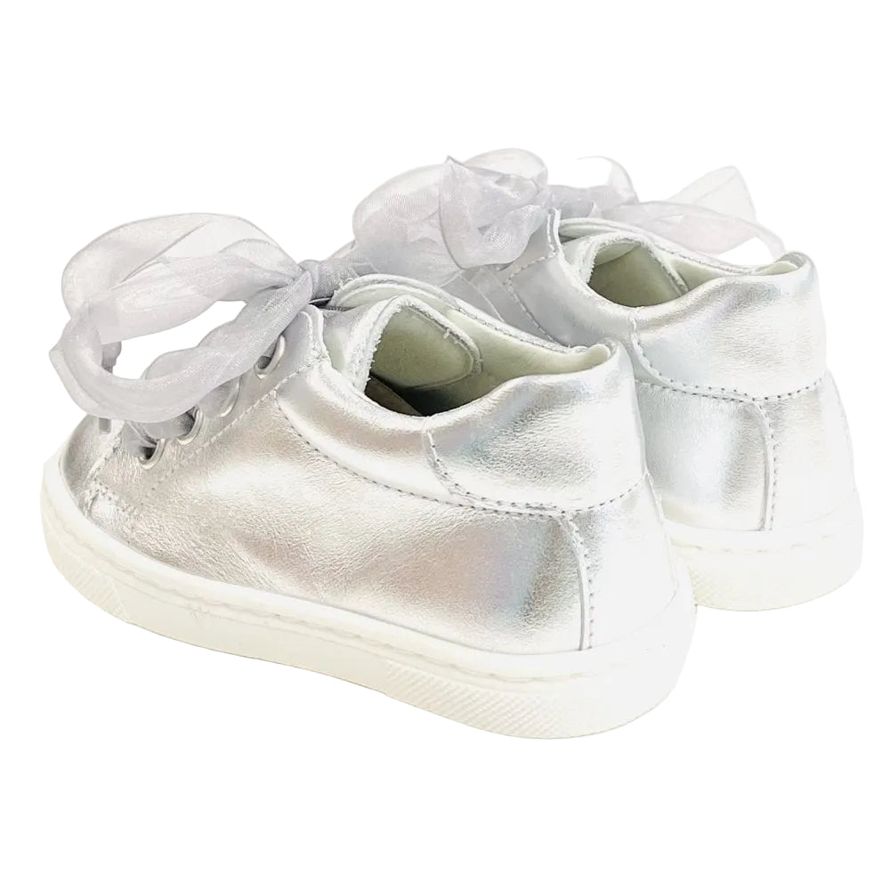 222297 Girls Ribbon Lace Up Leather Trainer Silver
