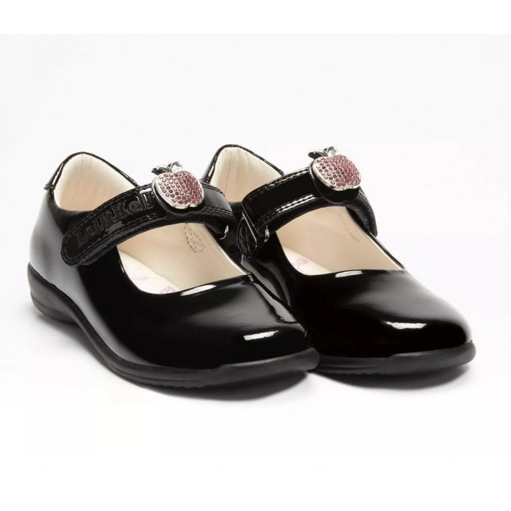 LKSE8716 Lelli Kelly Apple Black Patent School Shoes Rose Gold