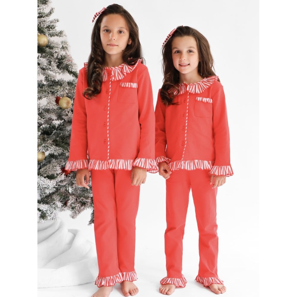 Christmas Pyjamas Girls Frilly Red Striped