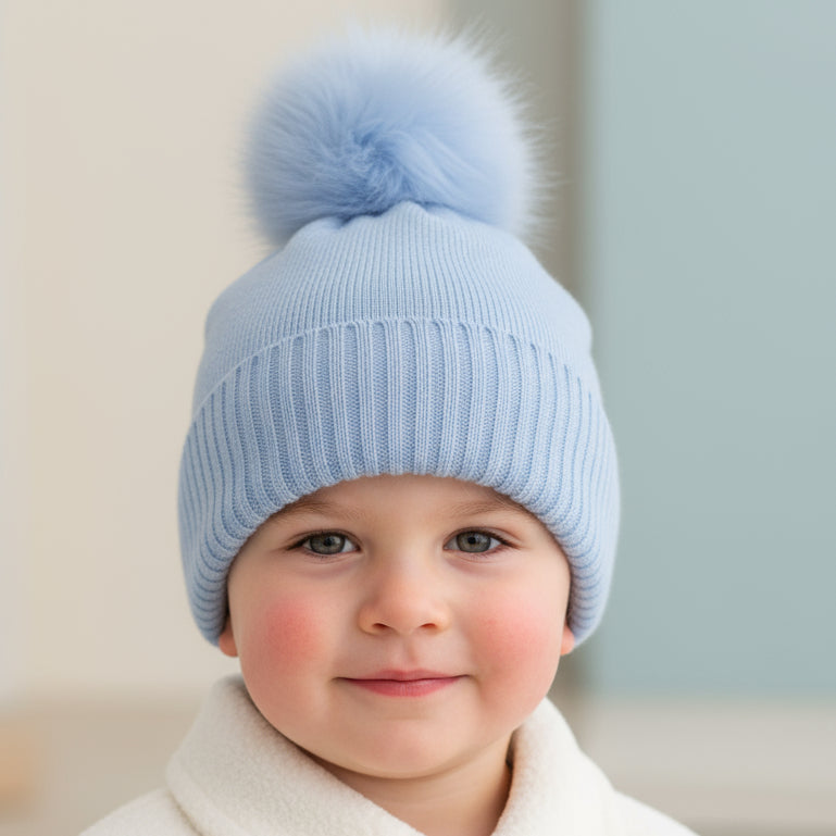 Bonnet Tricot Main 100% Laine Mérinos Avec Pompon Flocon - Taille Unique, Bleu, Fait Main Aux États-Unis