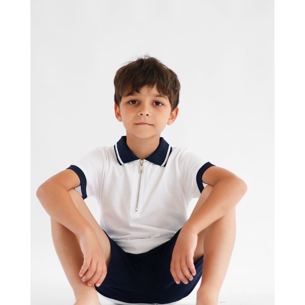 Shane Smart Boys White & Navy Polo Top & Shorts Set