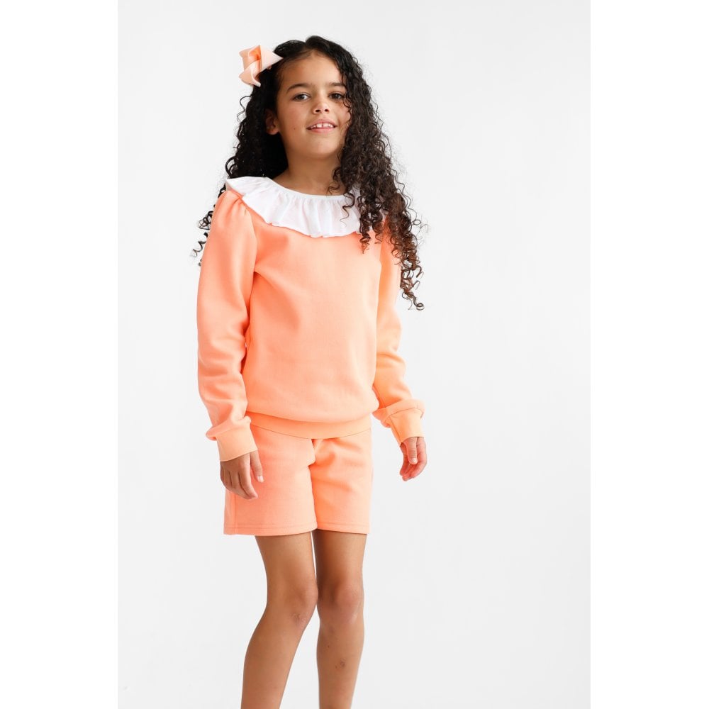 Bessie Girls Frill Neck Jumper & Shorts Set Coral