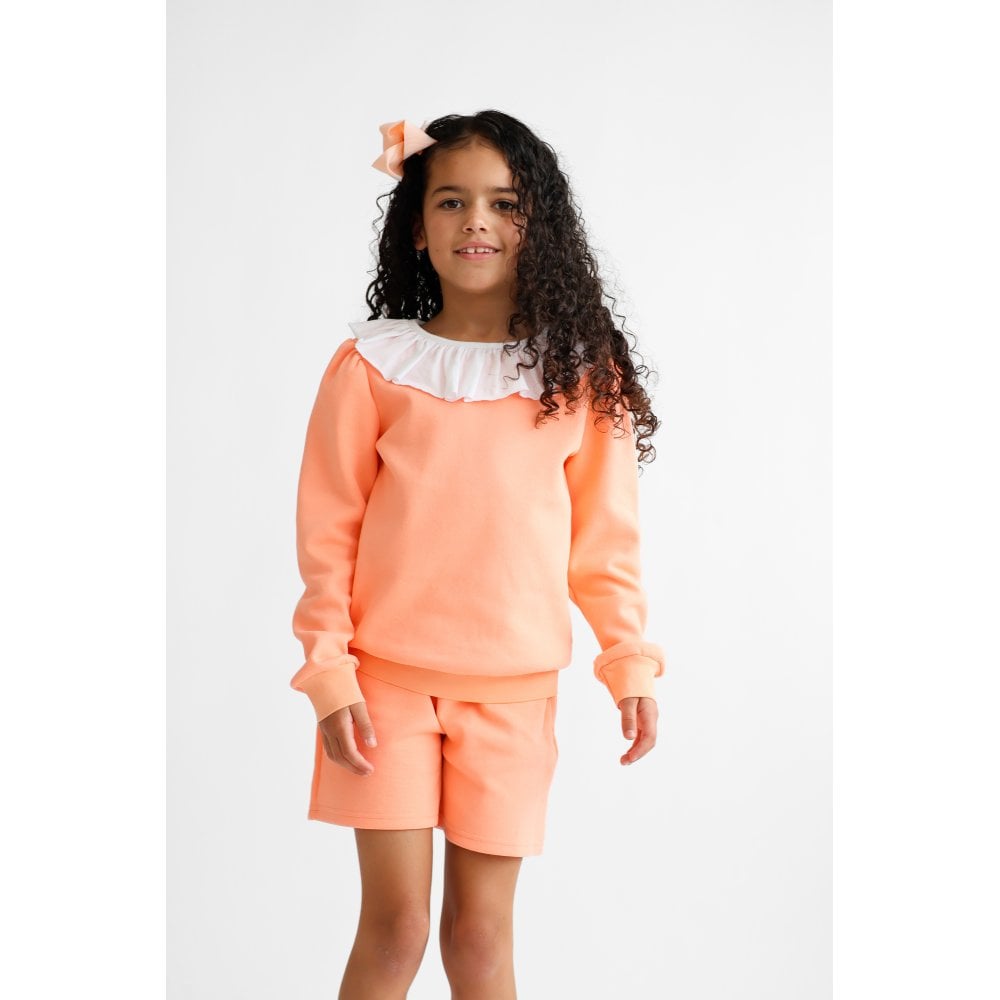 Bessie Girls Frill Neck Jumper & Shorts Set Coral