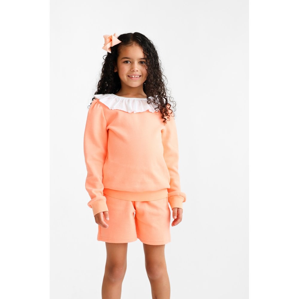 Bessie Girls Frill Neck Jumper & Shorts Set Coral