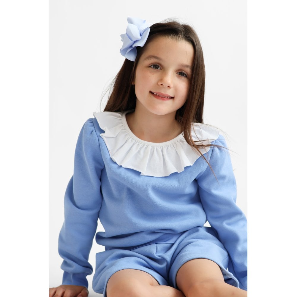 Bessie Girls Frill Neck Jumper & Short Set Blue