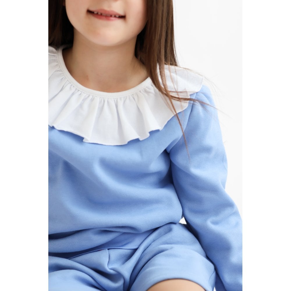 Bessie Girls Frill Neck Jumper & Short Set Blue