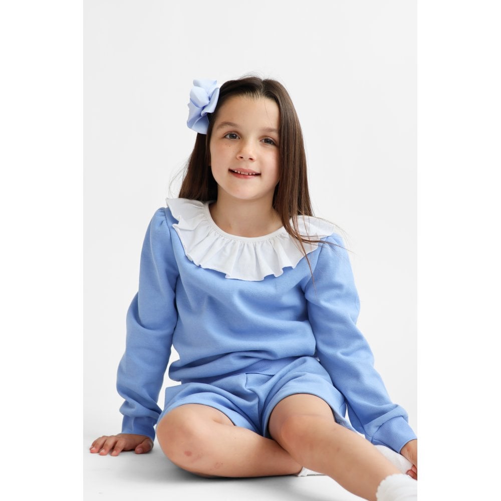 Bessie Girls Frill Neck Jumper & Short Set Blue