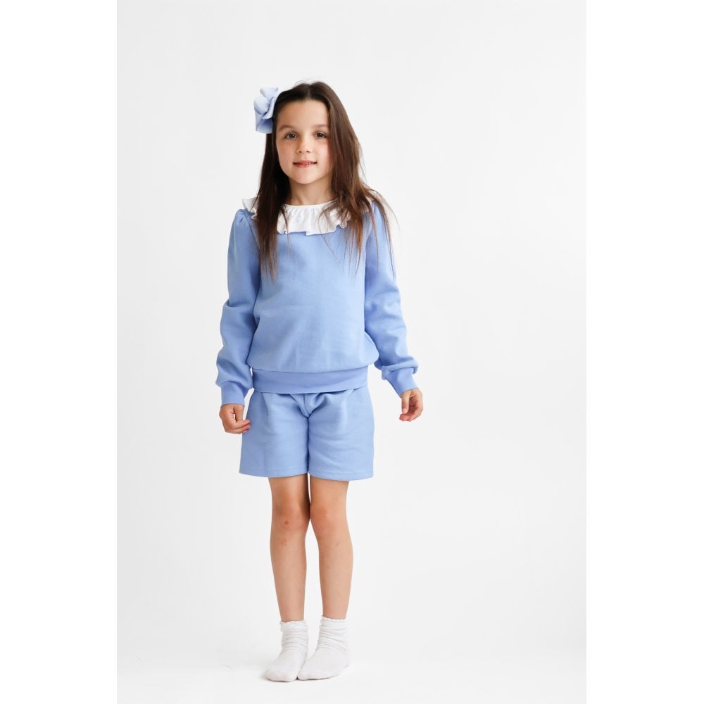 Bessie Girls Frill Neck Jumper & Short Set Blue