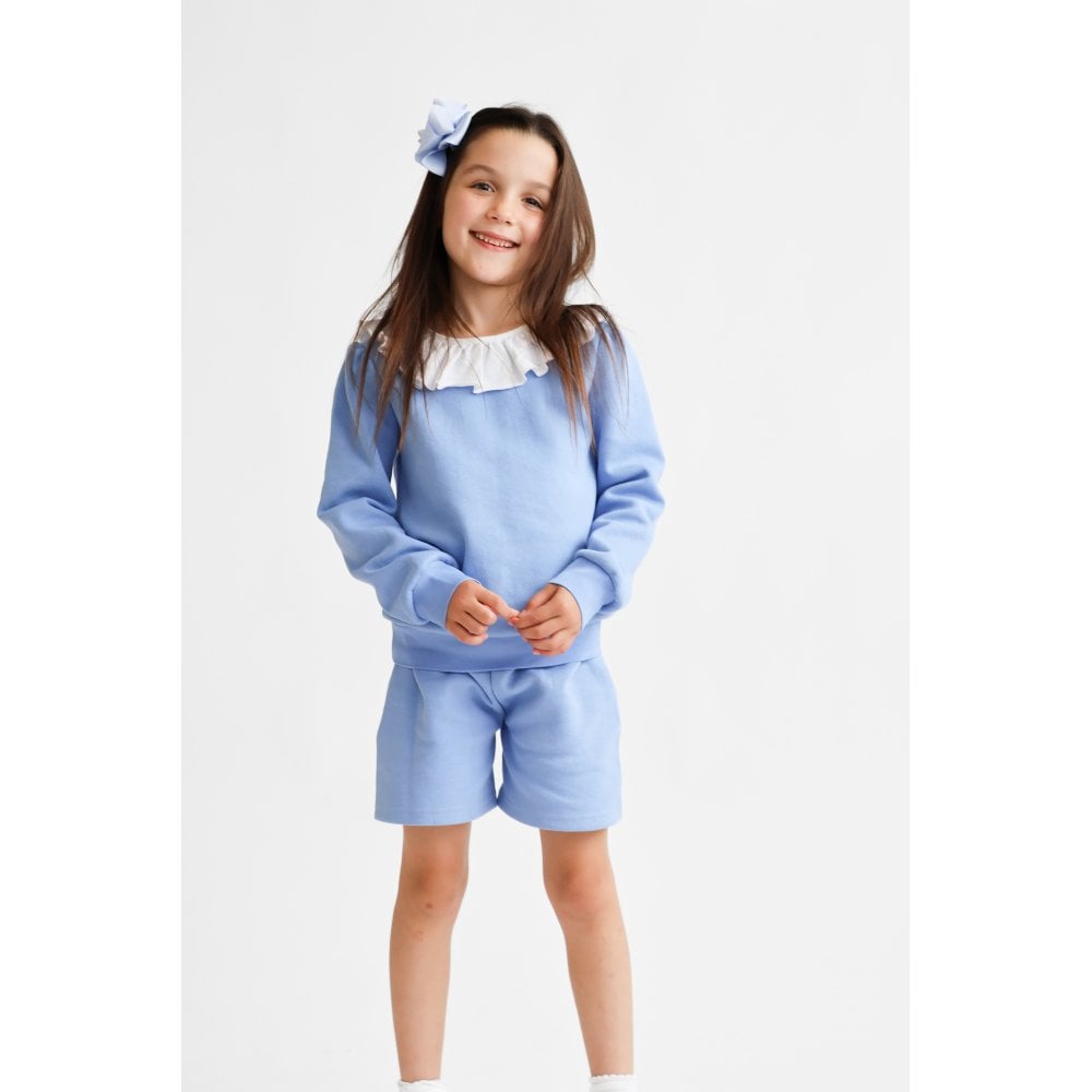 Bessie Girls Frill Neck Jumper & Short Set Blue