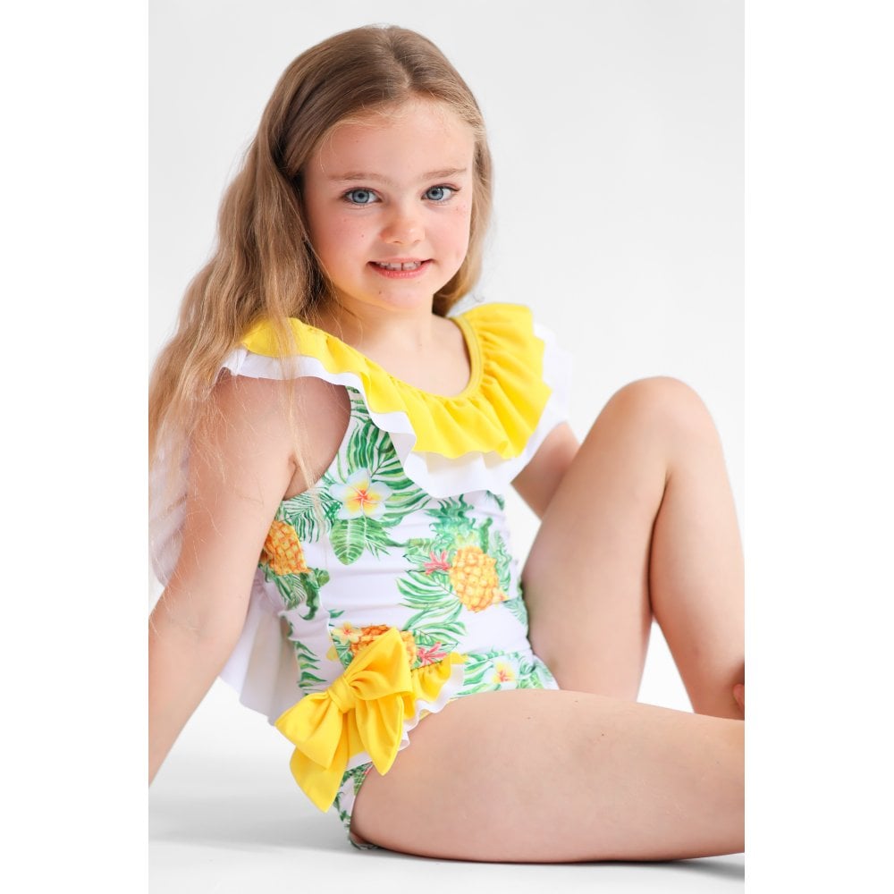 Polly Girls Tropical Print Frilly Bow Swimming Costume