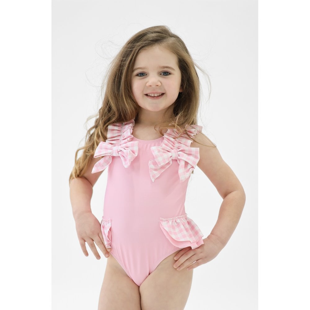 Heidi Girls Frilly Checked Swimming Costume Pink