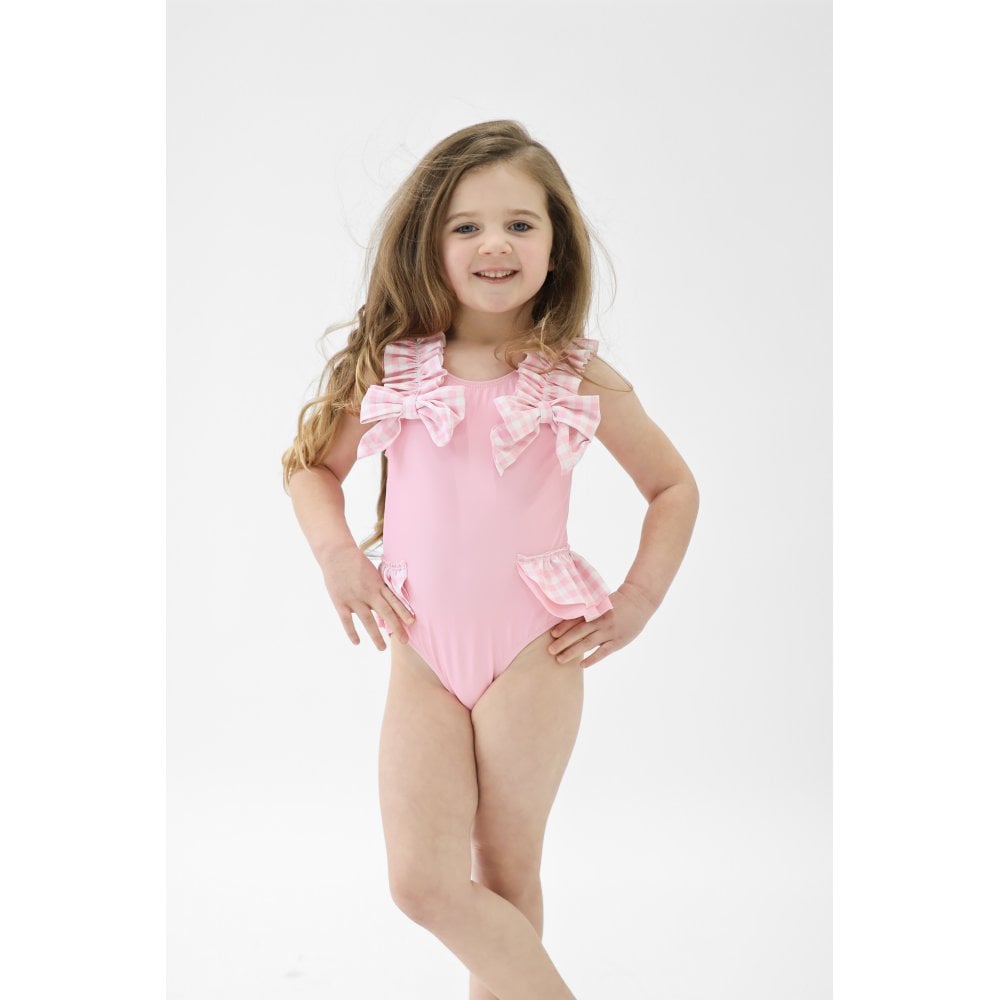 Heidi Girls Frilly Checked Swimming Costume Pink