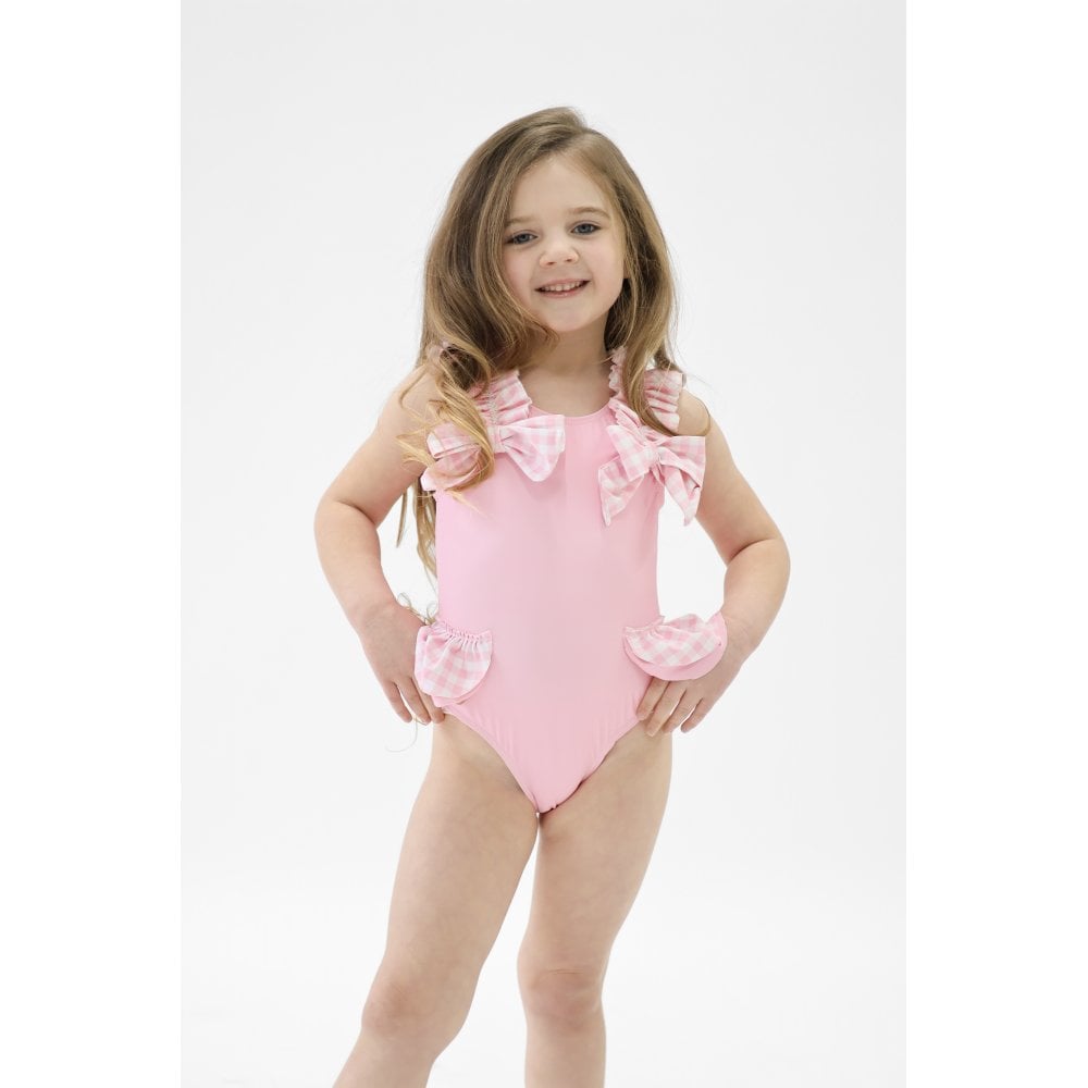 Heidi Girls Frilly Checked Swimming Costume Pink