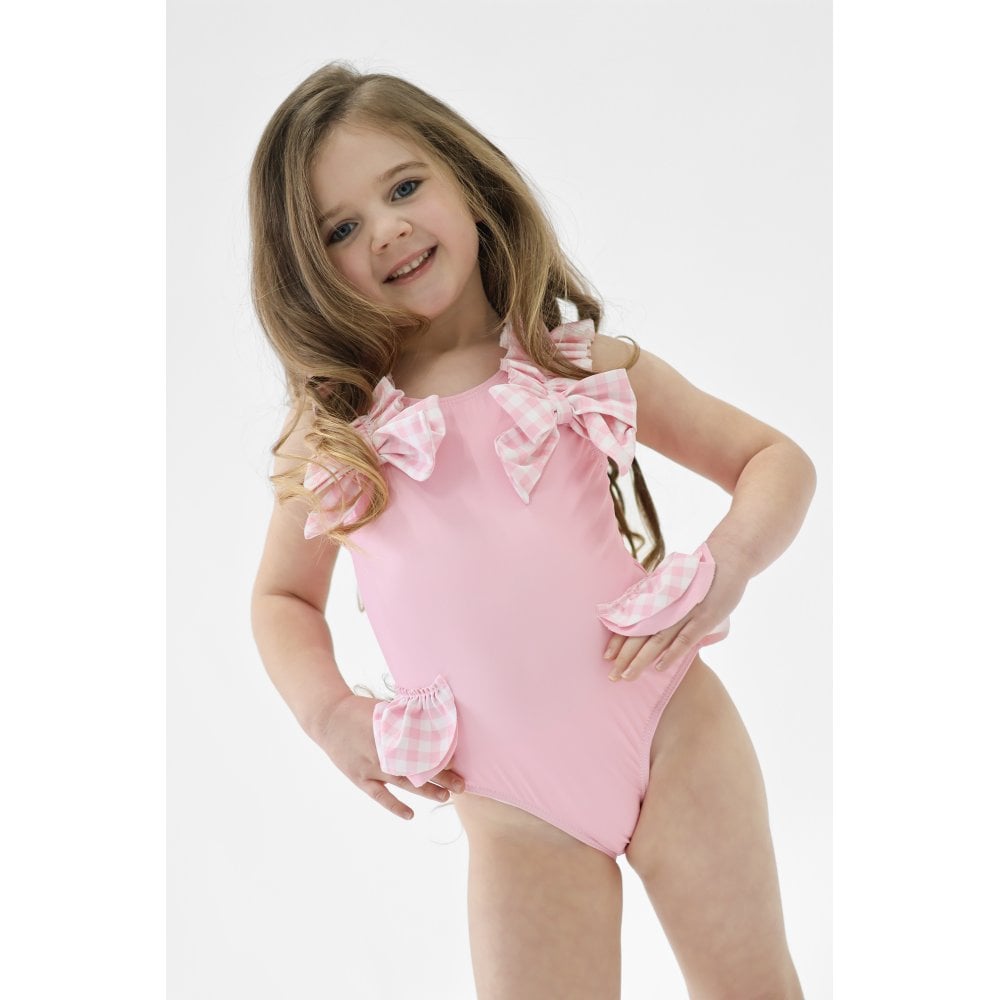 Heidi Girls Frilly Checked Swimming Costume Pink