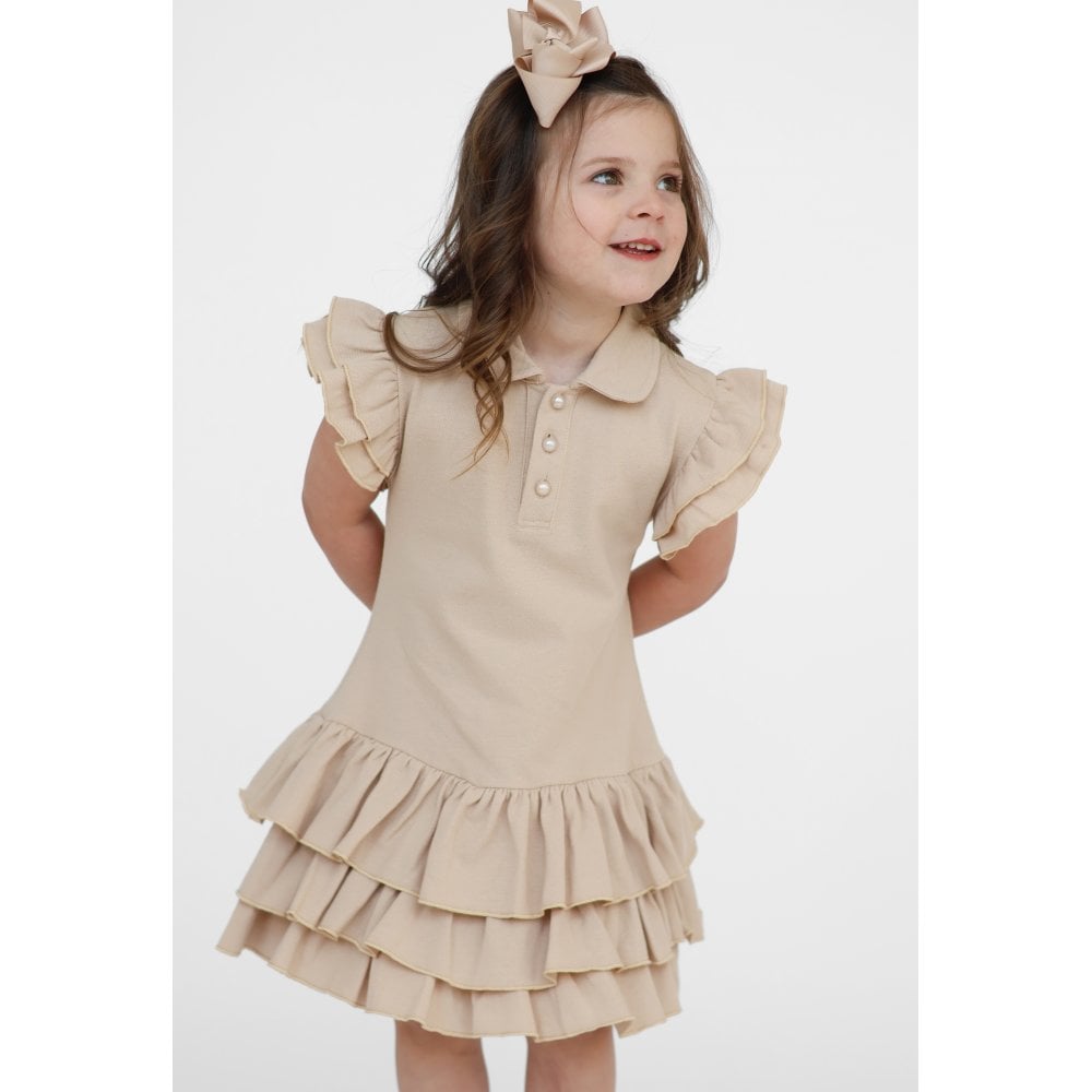 Sian Girls Frilly Ruffle Polo Dress Beige