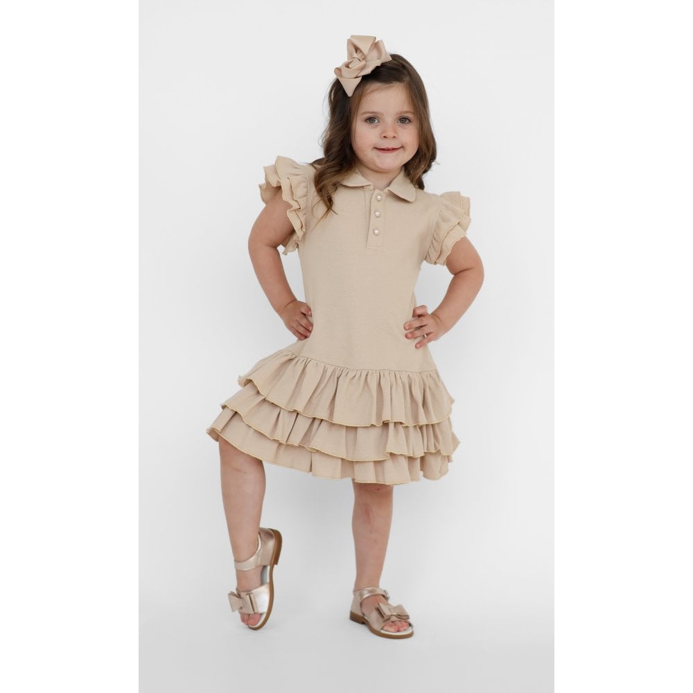 Sian Girls Frilly Ruffle Polo Dress Beige