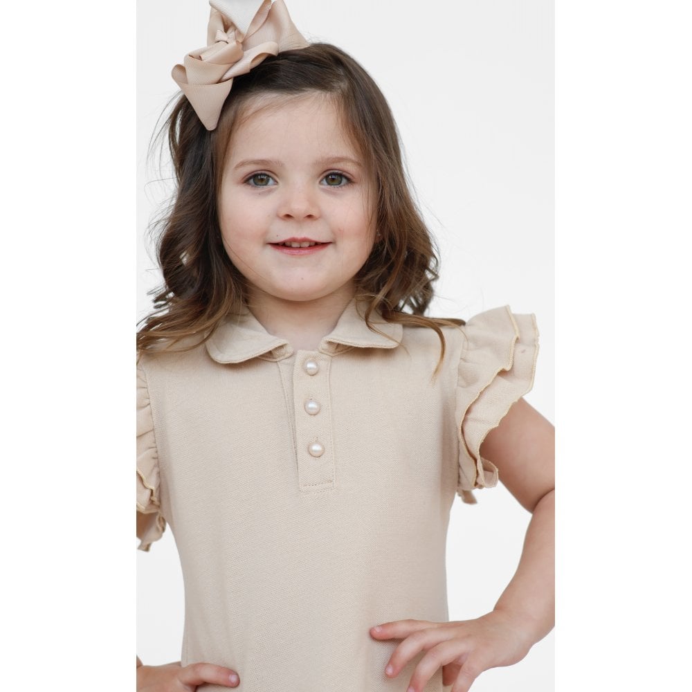 Sian Girls Frilly Ruffle Polo Dress Beige