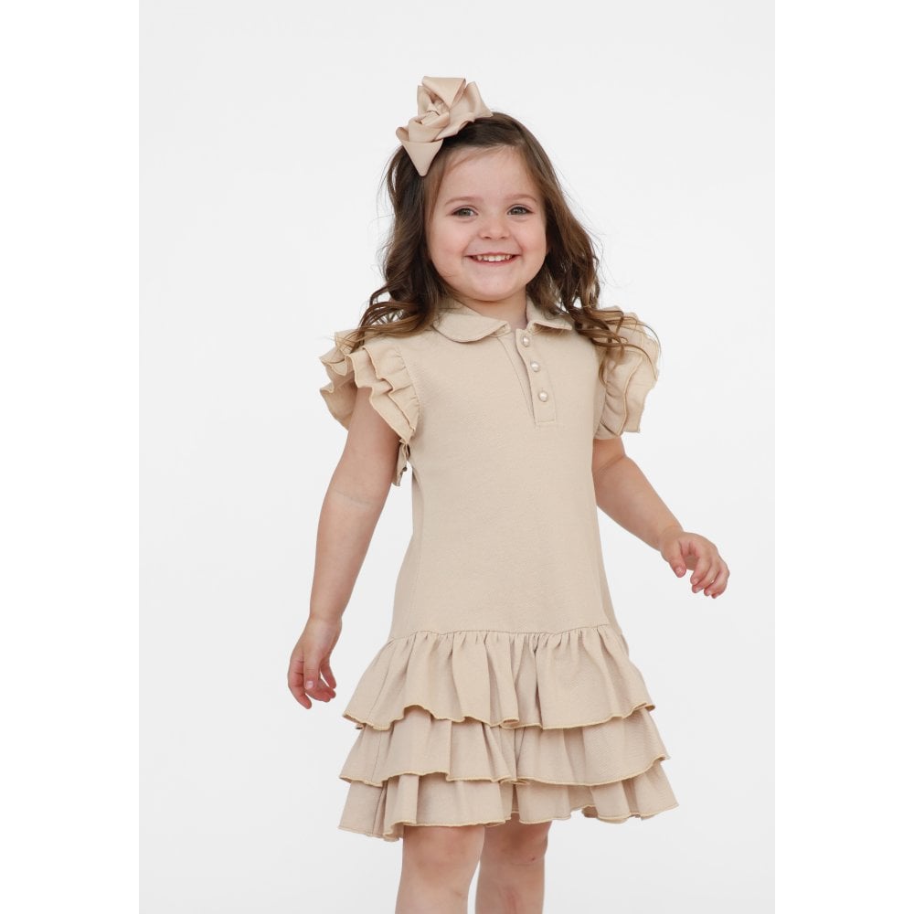 Sian Girls Frilly Ruffle Polo Dress Beige