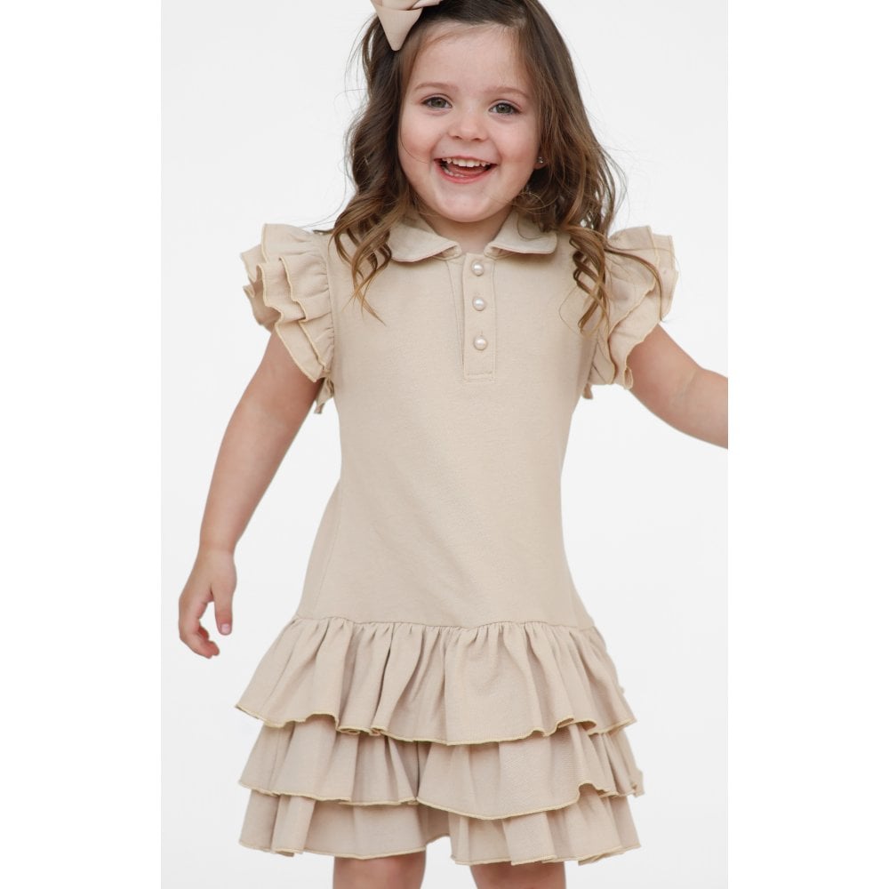 Sian Girls Frilly Ruffle Polo Dress Beige