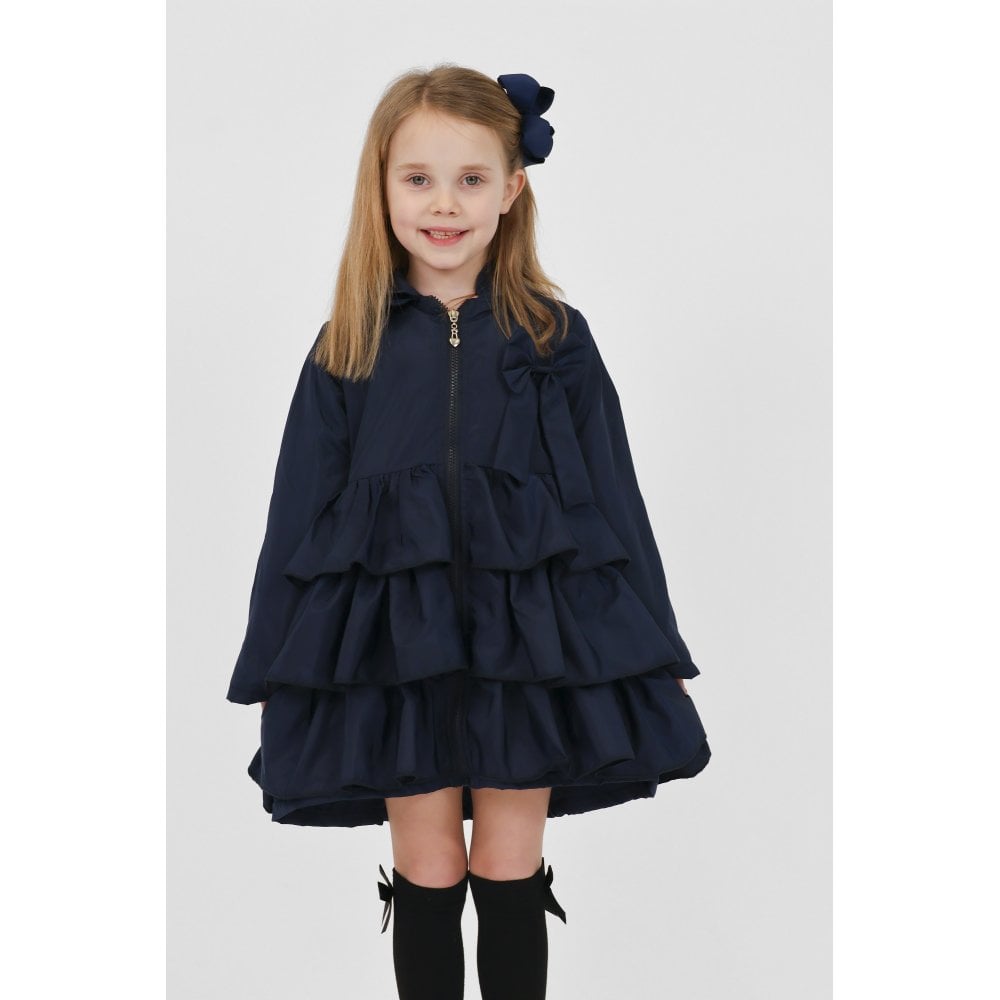 Pixie Girls Frilly Bow Fleece Lined Rain Jacket Navy