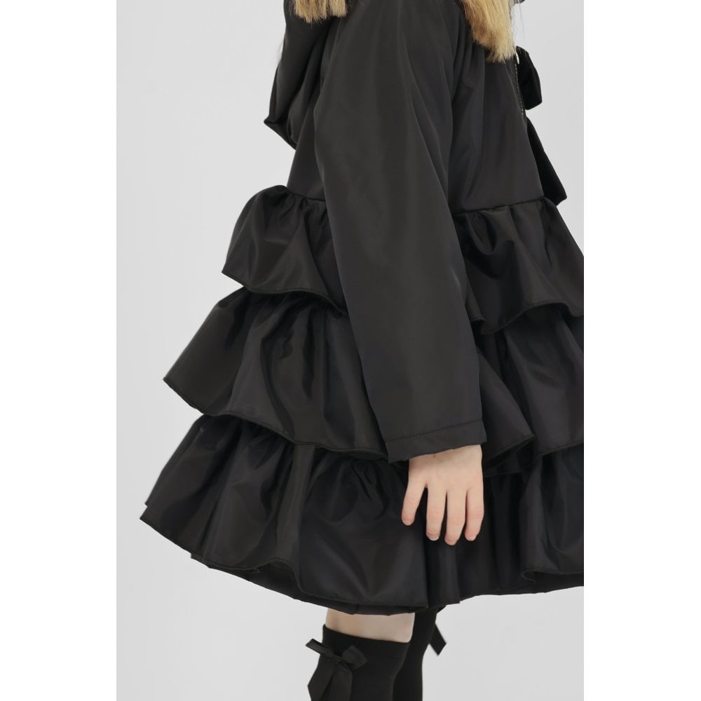 Pixie Girls Frilly Bow Fleece Lined Rain Jacket Black