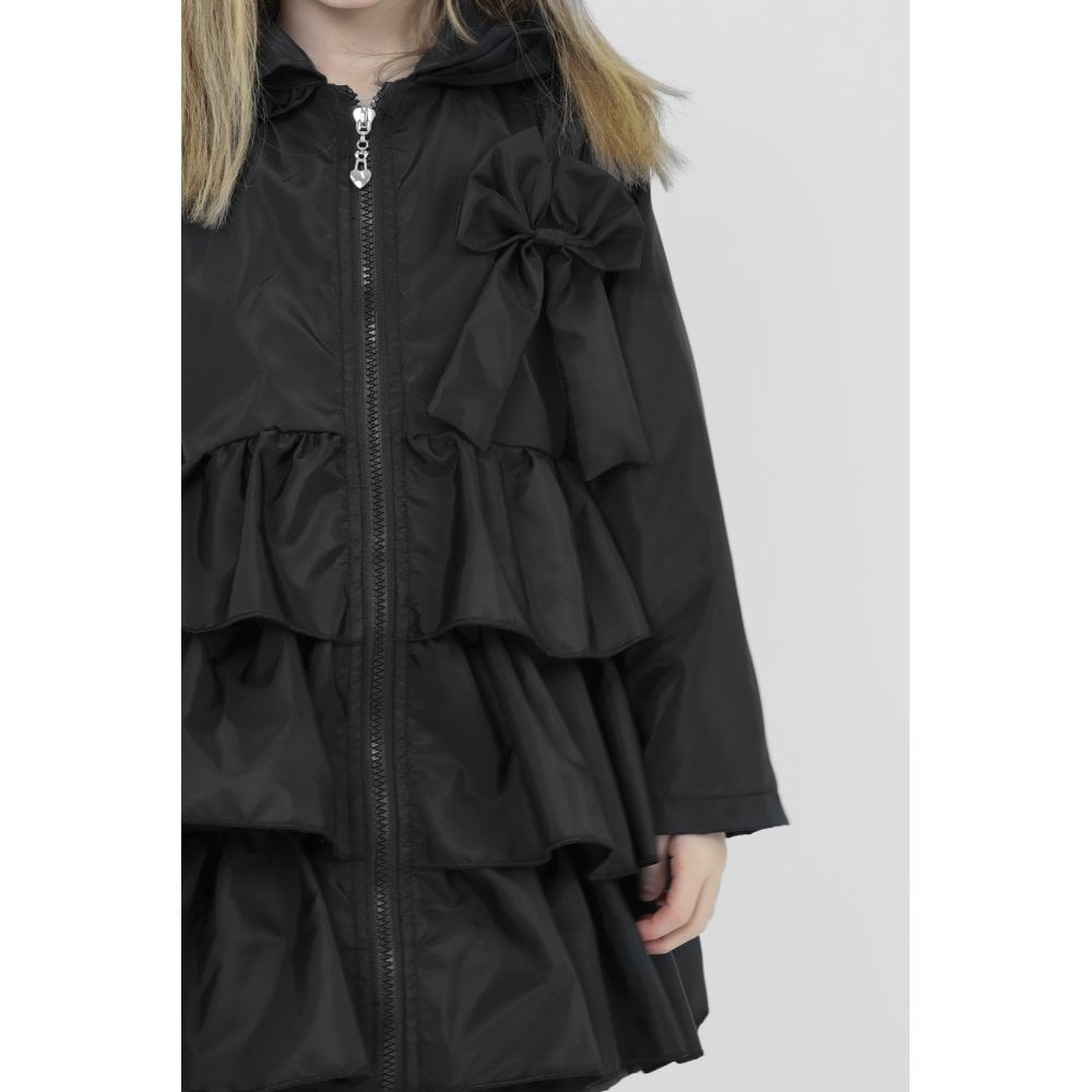 Pixie Girls Frilly Bow Fleece Lined Rain Jacket Black