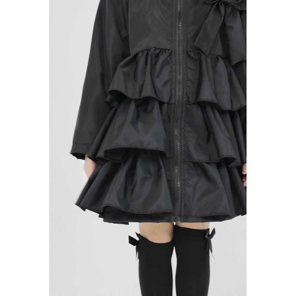 Pixie Girls Frilly Bow Fleece Lined Rain Jacket Black