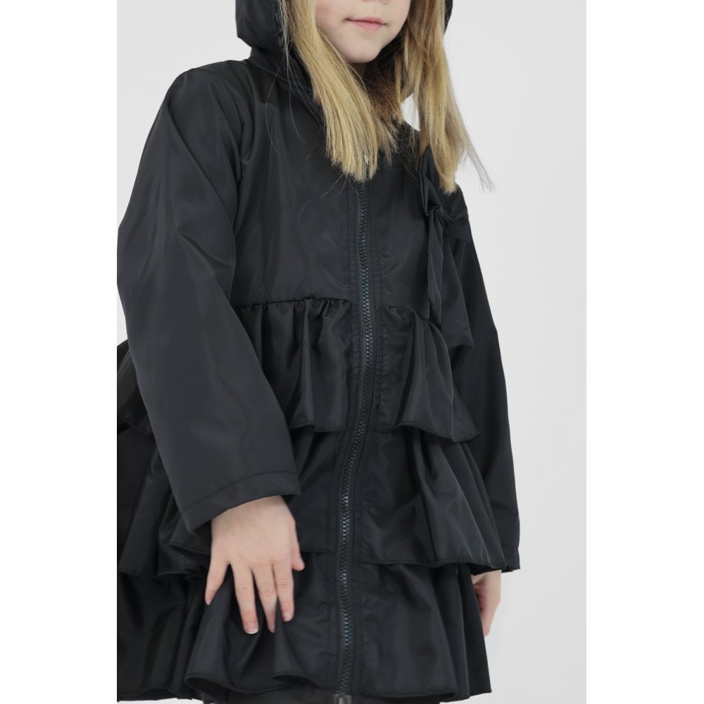 Pixie Girls Frilly Bow Fleece Lined Rain Jacket Black