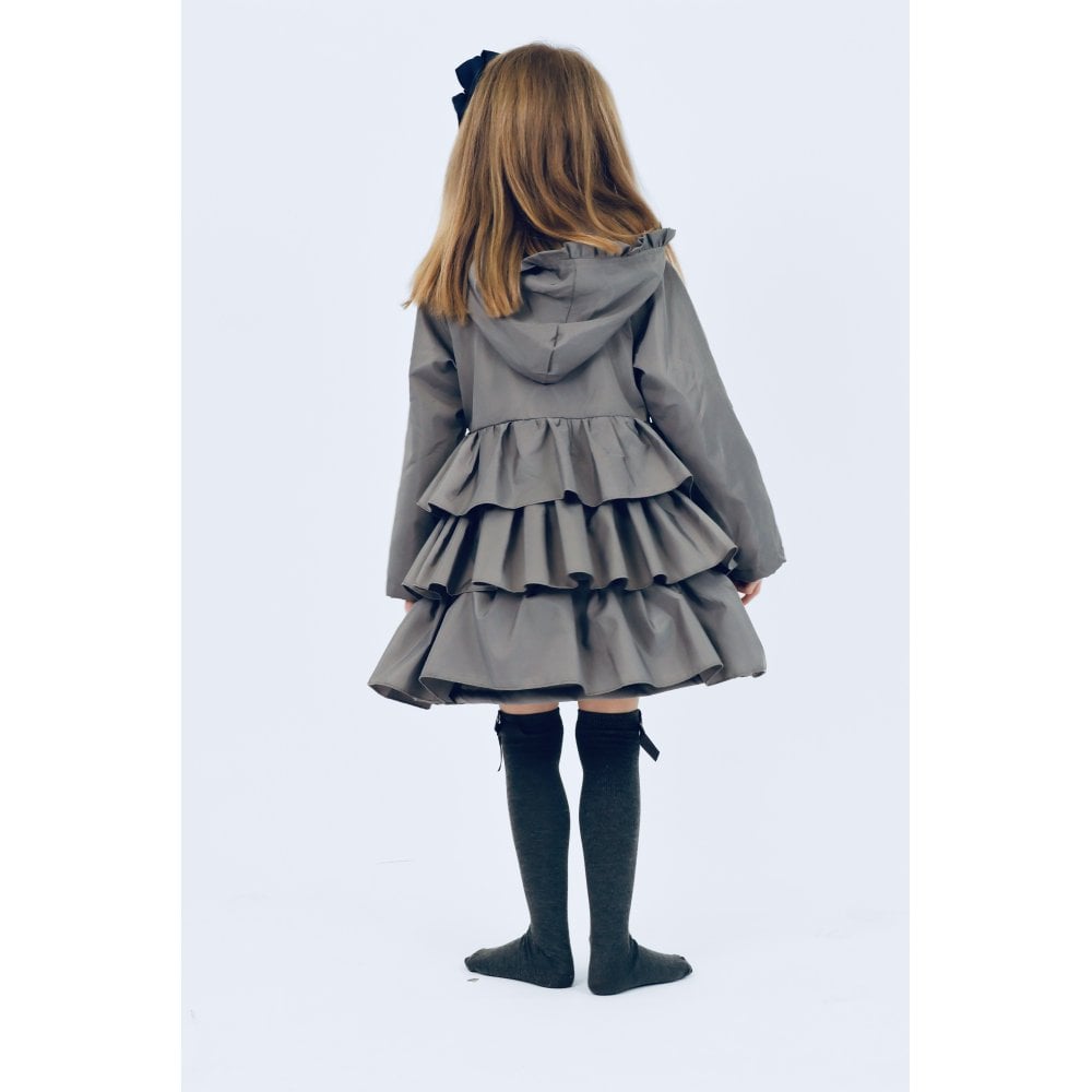 Pixie Girls Frilly Bow Fleece Lined Rain Jacket Grey