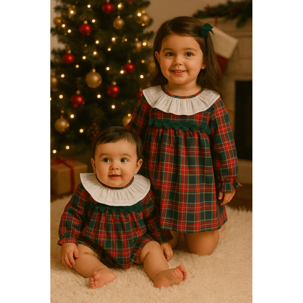 21313 Girls Red Tartan Pom Pom Dress