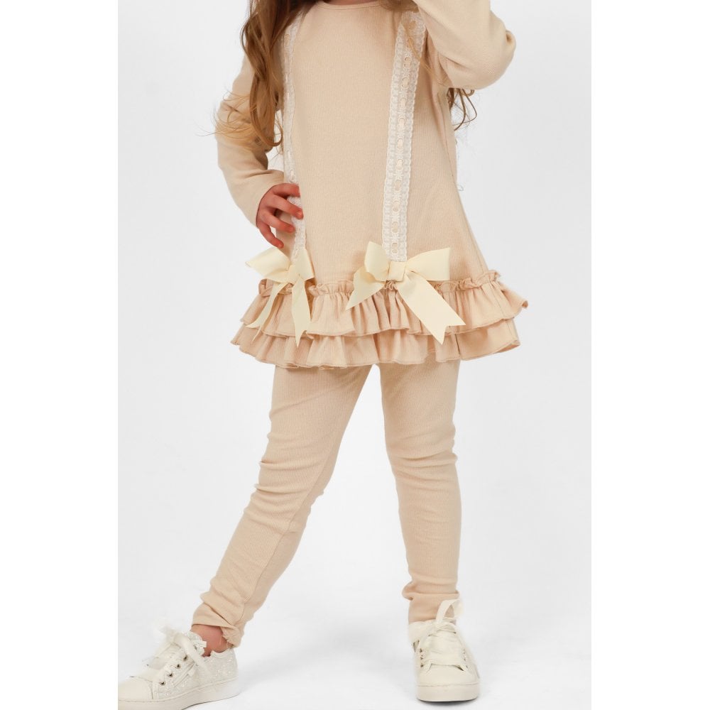 Sophia Girls Ribbed Frilly Ruffle Set Beige